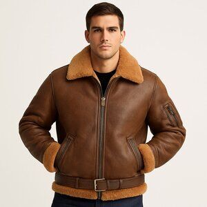 US Wings Mens 2XL Shearling Brown Leather Aviator Bomber Jacket DWCND 30-1415